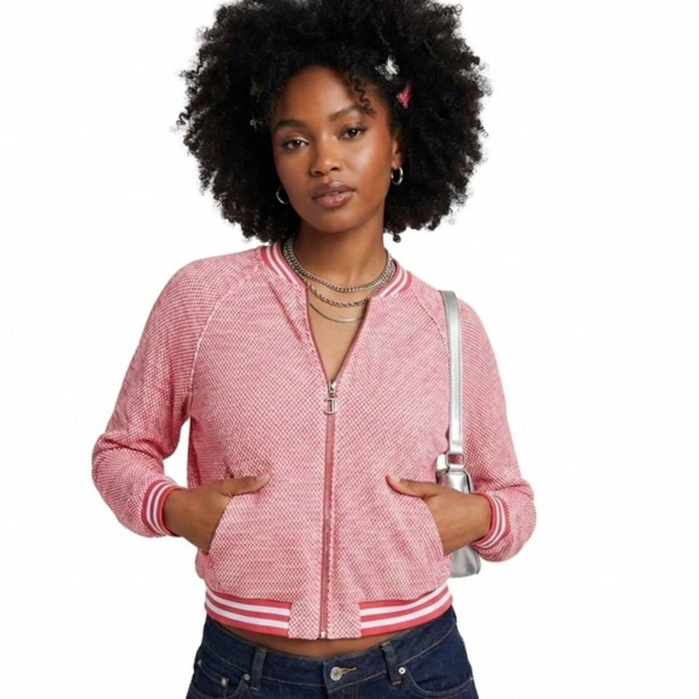 Juicy Couture Y2K Waffle Knit Mesh Jacket Pink Retro‎ Streetwear Sporty Size XL